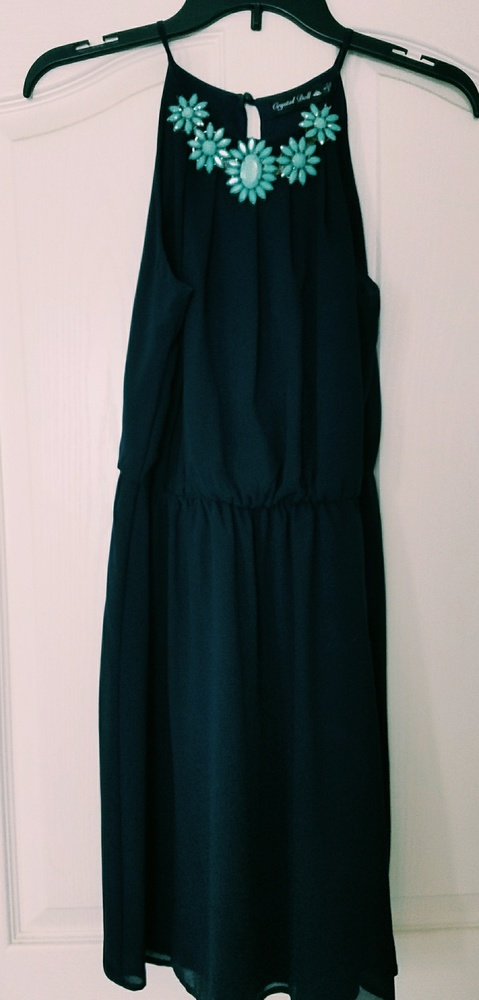 Halter dress with turquoise necklace